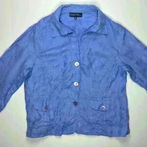 Jones New York Woman Petite Collection 100% Linen Blouse Blue
